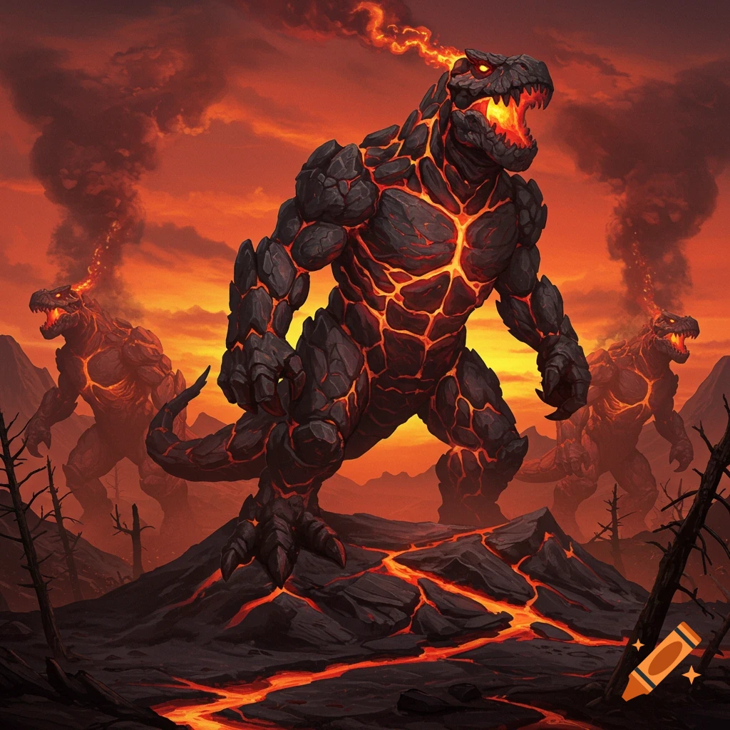 Dark fantasy illustration of three giant lava rock T-Rex monsters on a volcanic landscape under a fiery sky.
