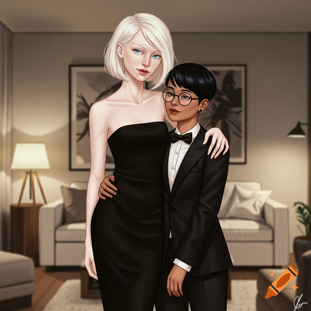 Digital illustration of two women embracing in a modern living room; one tall albino woman in a black dress, one shorter woman in a tuxedo and glasses.
