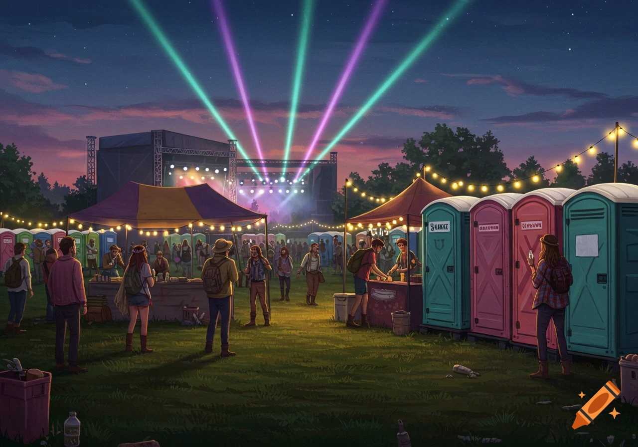 An illustration of a lively music festival at dusk, with colorful stage lights, tents, crowds, and portable toilets.