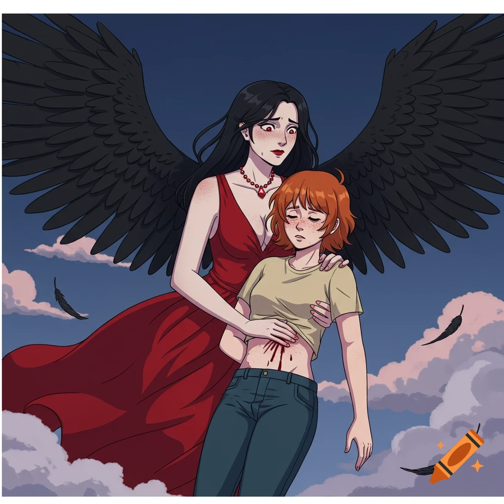 Worried anime woman with black wings in red dress carries an injured woman with short orange hair, blood on her stomach, against a cloudy sky with falling feathers.
