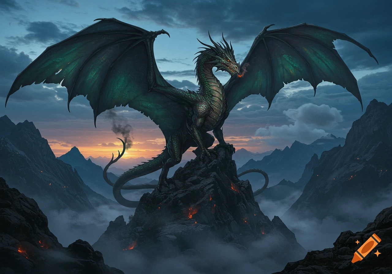 A majestic green dragon with widespread wings perches on a rocky mountain, breathing smoke, overlooking a misty valley at sunset.
