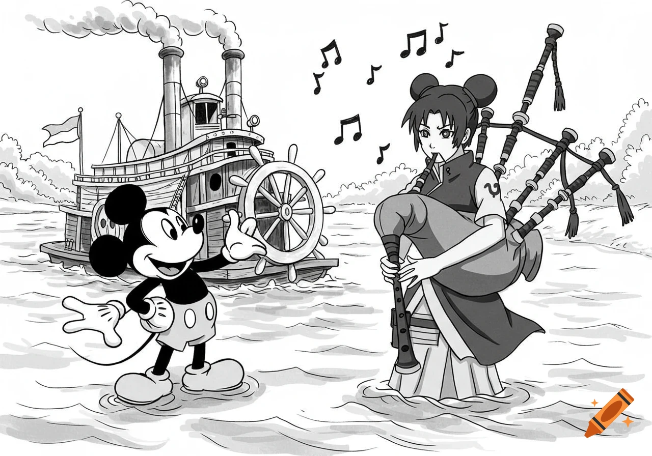 Black and white cartoon: Mickey Mouse and anime character Tenten in water; Tenten plays bagpipes with a steamboat in the background.