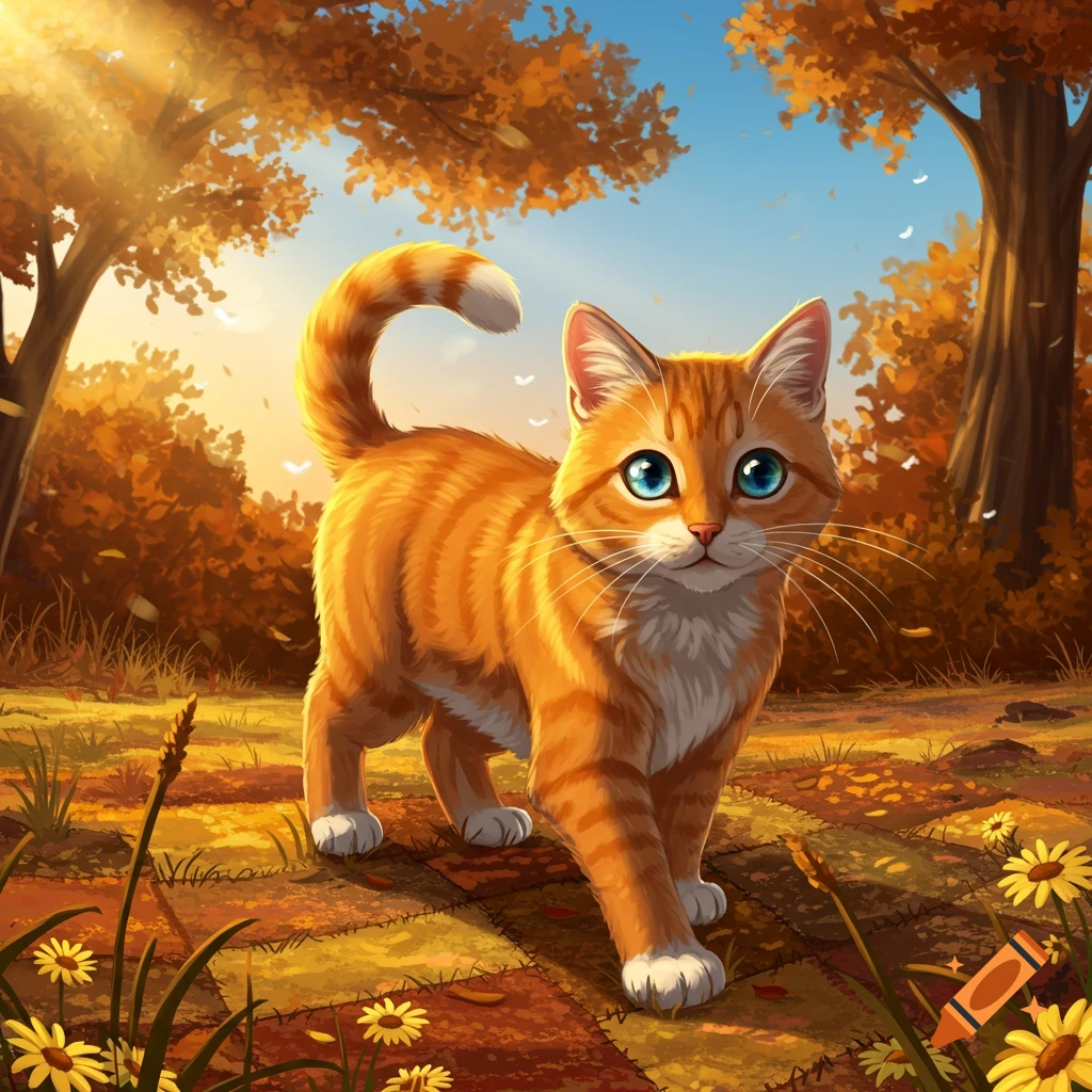 A cute cartoon orange tabby cat with blue eyes walks on an autumn forest path bathed in sunlight.