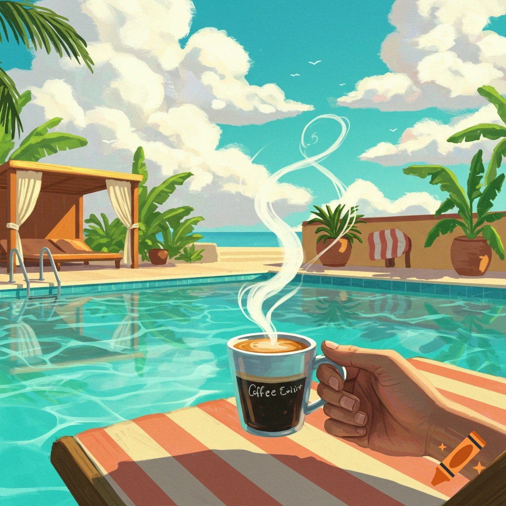 Stylized illustration of a hand holding a steaming coffee mug on a striped lounge chair by a tropical swimming pool under a blue sky.