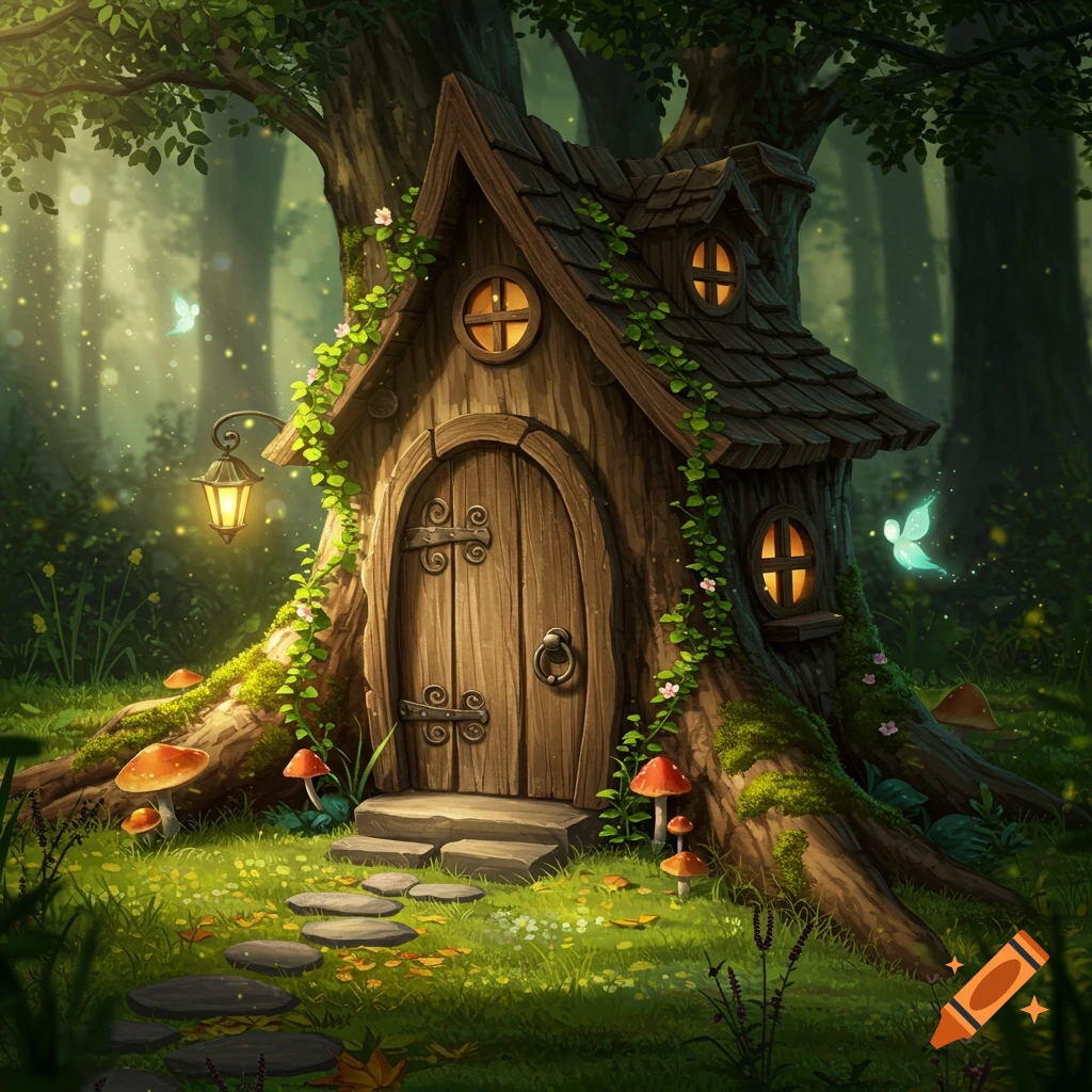A whimsical fairy house built into a tree trunk with a wooden door, glowing windows, fireflies, and mushrooms in a lush fantasy forest.