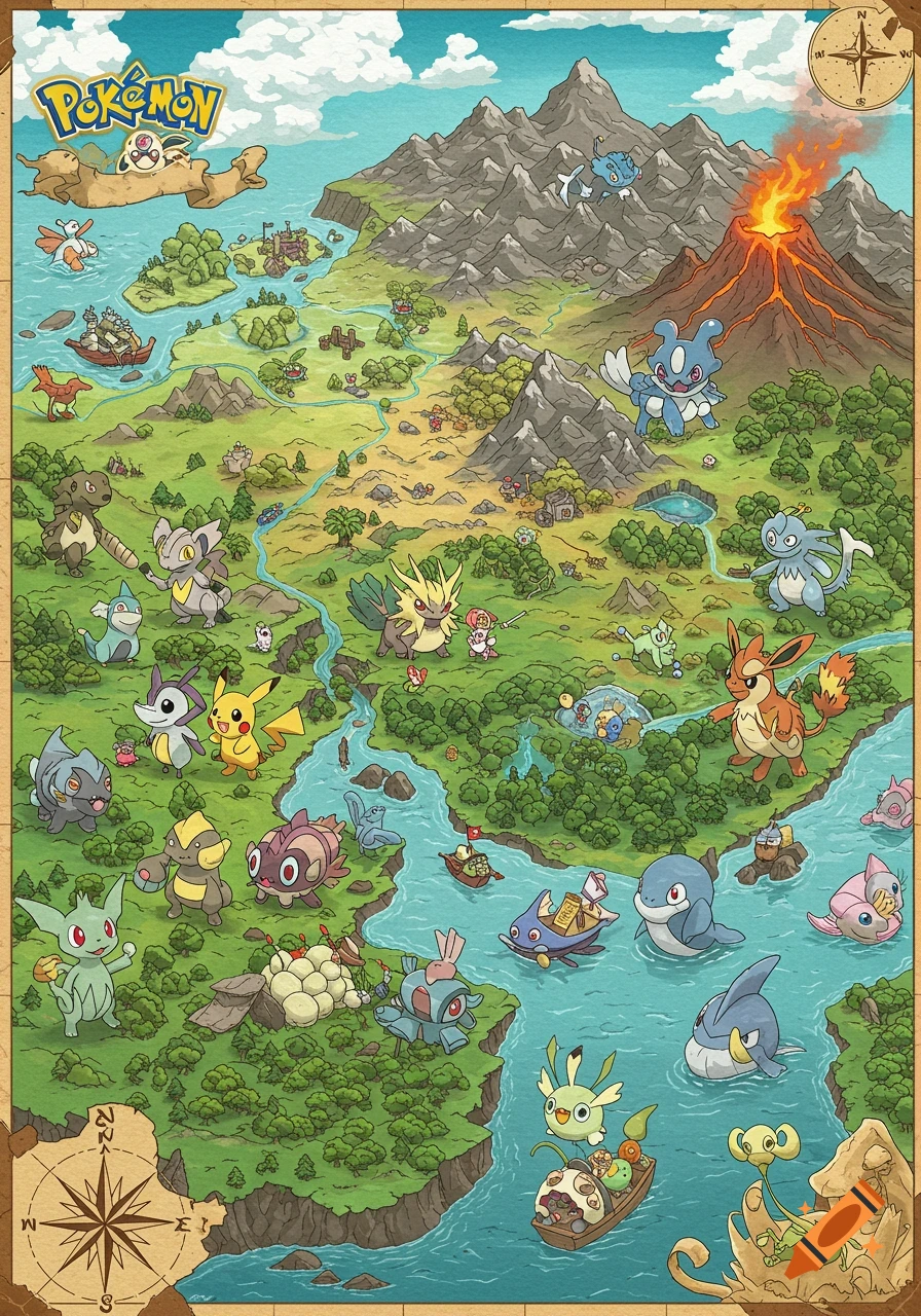 Colorful illustrated map featuring various Pokémon characters, mountains, rivers, a volcano, and a compass rose.