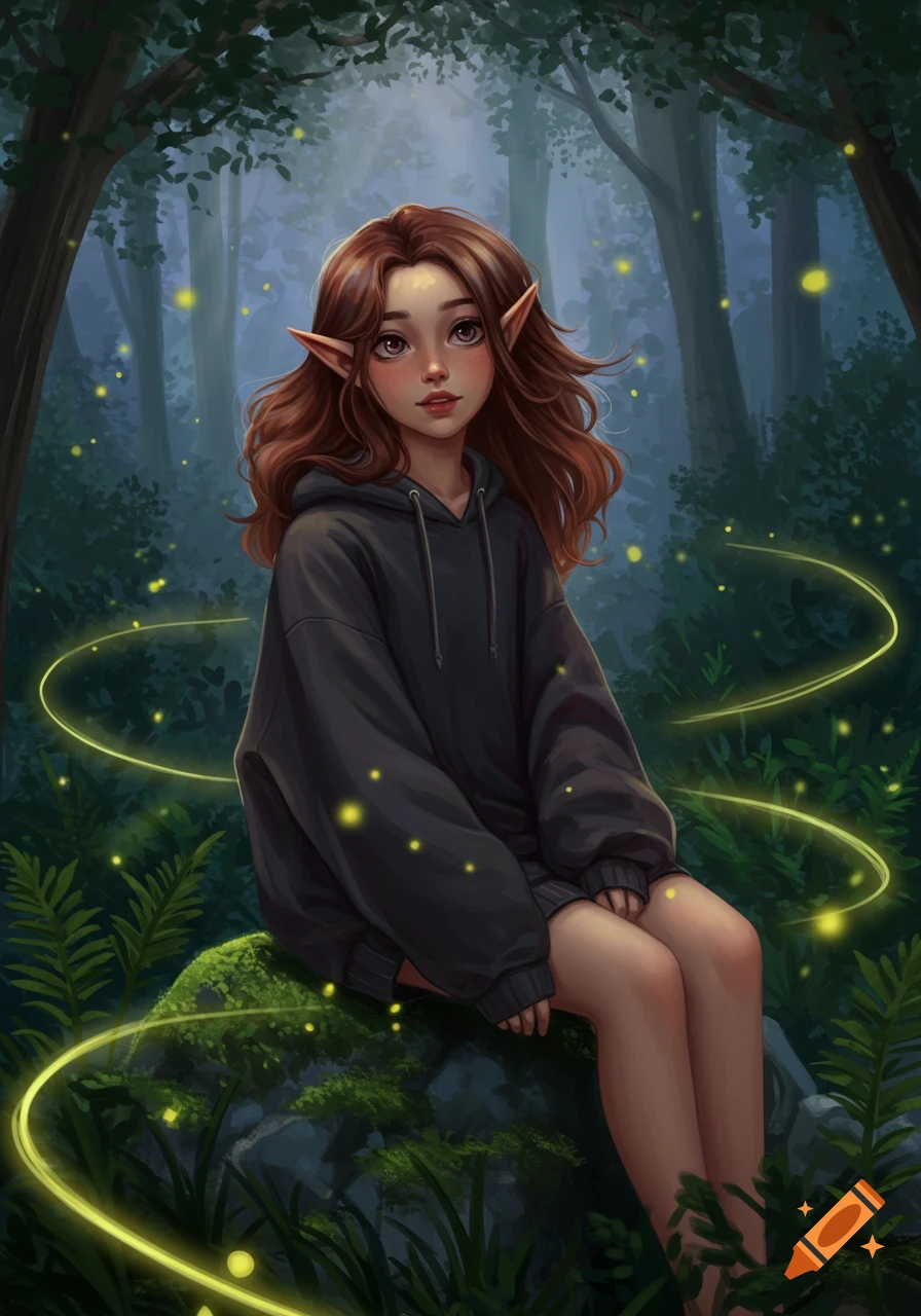 A brown-haired teenage elf girl in a gray hoodie sits on a mossy rock in a dark, glowing forest, digital painting style.