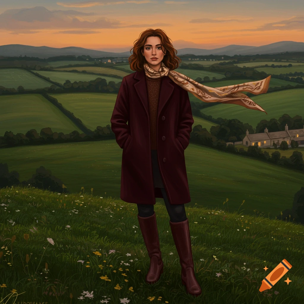Digital art of a young woman in a maroon coat and scarf standing on a grassy hill overlooking a scenic green landscape at sunset.