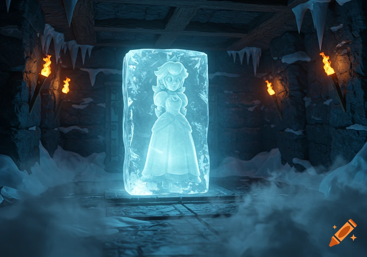 Princess Peach frozen in a block of ice in a dark, cold stone dungeon lit by torches, 3D render.