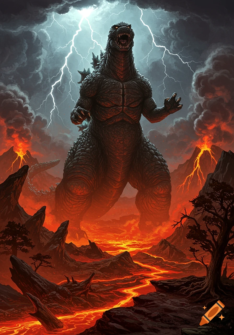 Godzilla roars in a fiery volcanic landscape under a stormy sky with lightning, in a dramatic painterly style.