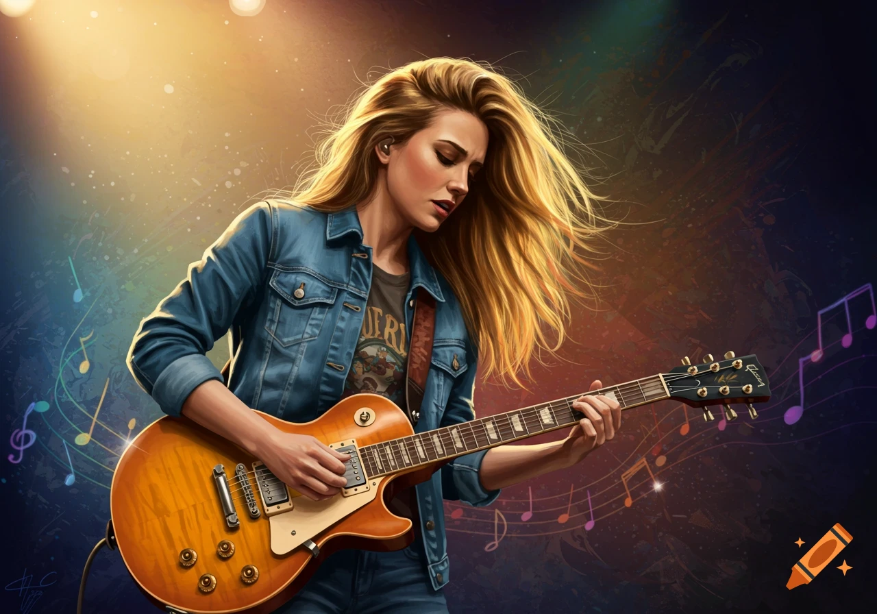 A blonde woman in a denim jacket playing an electric guitar on stage, with warm spotlights and colorful musical notes. Digital art.