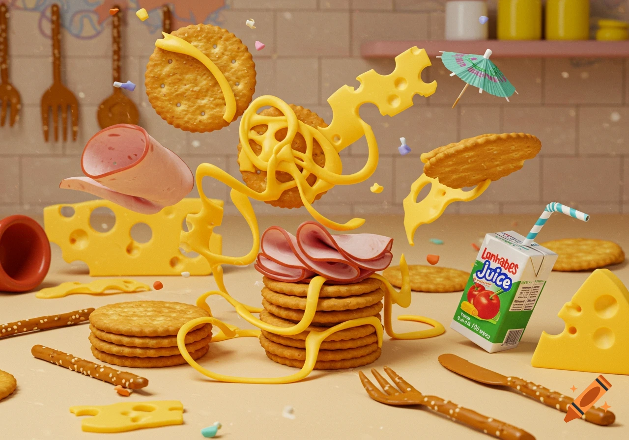 Crackers, cheese, and ham floating and arranged playfully, with a juice box and pretzel sticks on a light brown surface in a whimsical style.