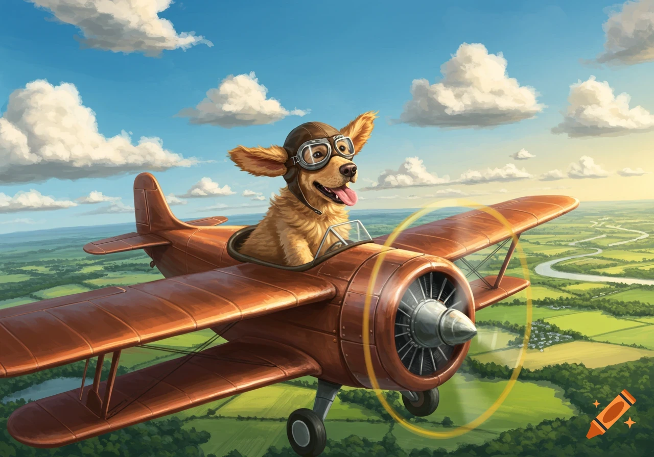 A happy, cartoon dog in a pilot helmet and goggles flies a biplane over a green, winding landscape under a blue sky, illustrated.