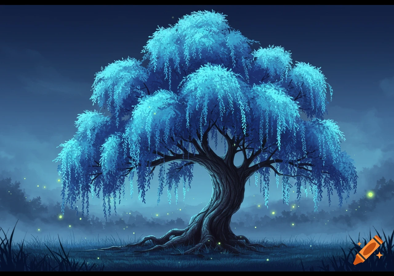 A majestic willow tree with glowing blue leaves stands in a dark, misty forest with fireflies, digital art.