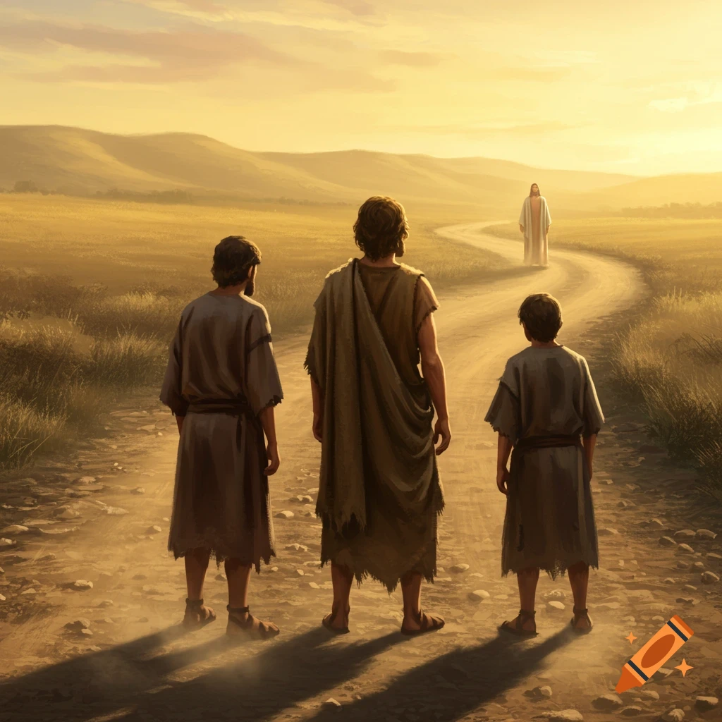 Three robed figures stand on a dirt road, looking towards a distant figure of Jesus in a sunlit landscape.