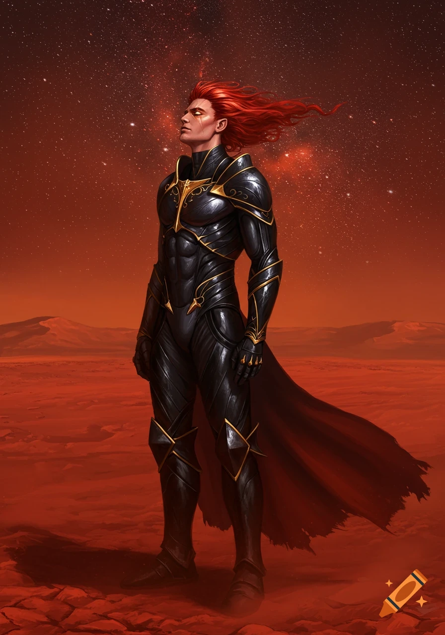 A powerful man with fiery red hair and golden eyes in black and gold armor, standing on a desolate red alien landscape under a star-filled orange sky.
