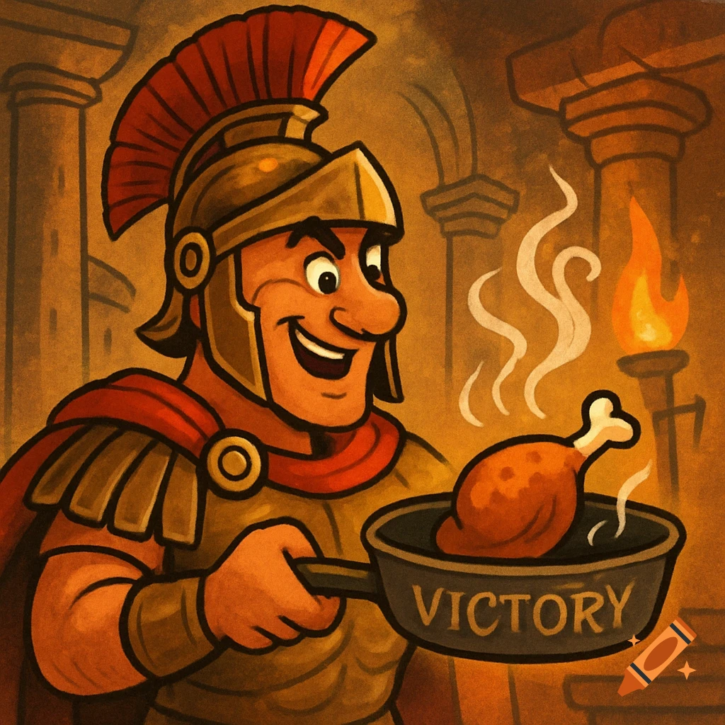 Cartoon Trojan warrior smiles, cooking a turkey leg in a pan labeled 'VICTORY' with a torch in the background.