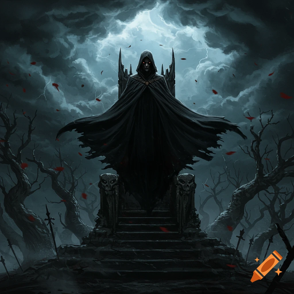 Dark fantasy art of a cloaked figure with red eyes on an ornate throne. A stormy sky with lightning looms over dead trees.