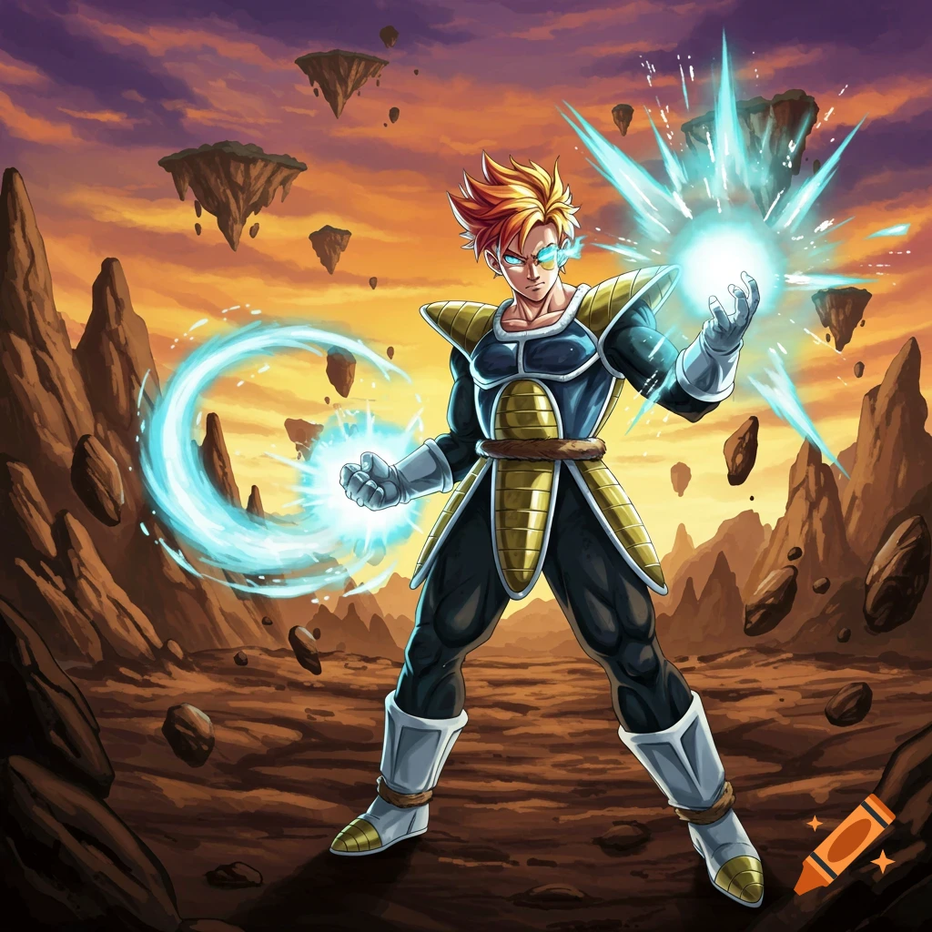 Anime character with spiky blonde hair and blue goggles in Saiyan armor, charging blue energy blasts in a rocky alien landscape with floating islands.