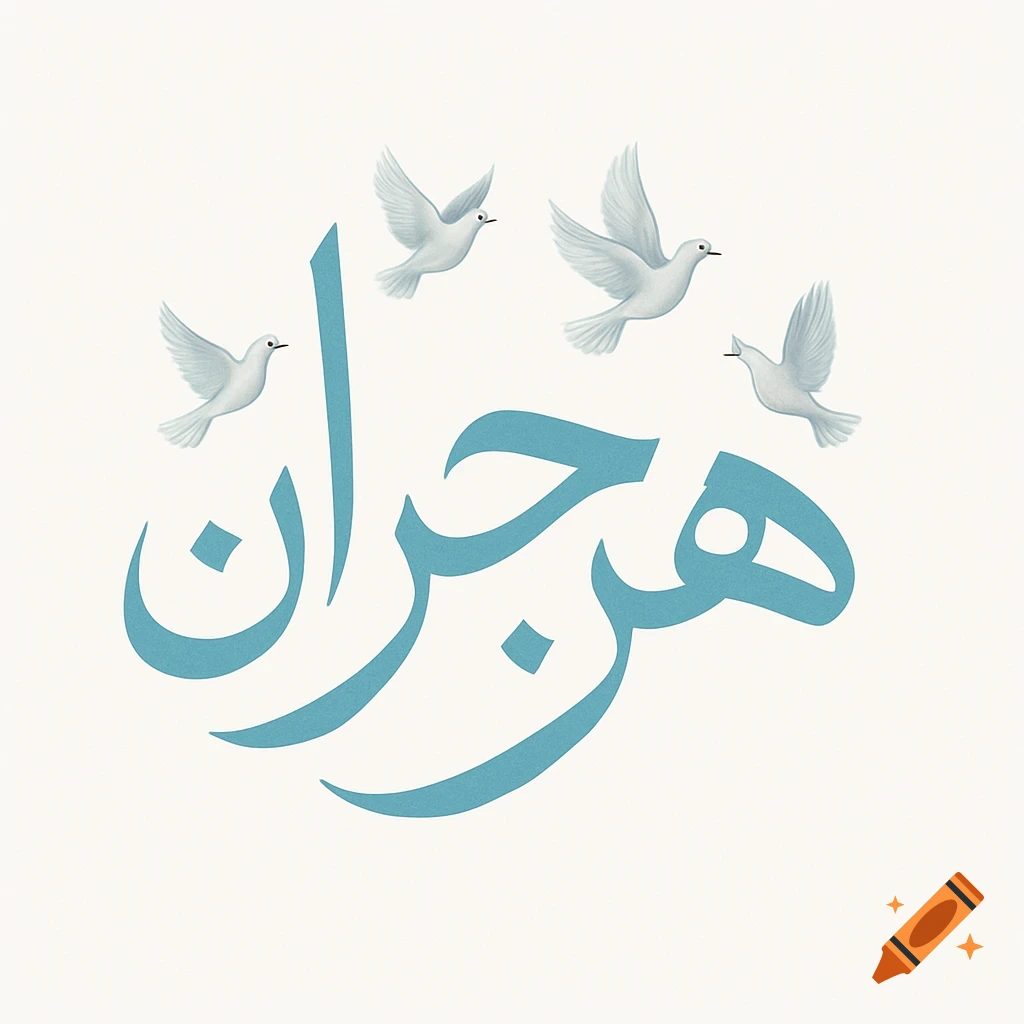 Arabic calligraphy for 'Hejran' in blue, with four white doves flying around it on a white background.