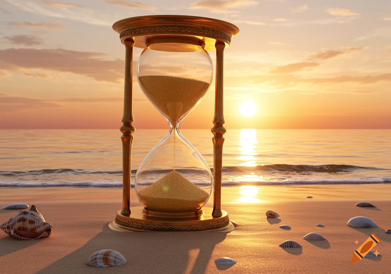 A photorealistic image of an hourglass sitting on a sandy beach with seashells at sunset, with warm light reflecting on the water.