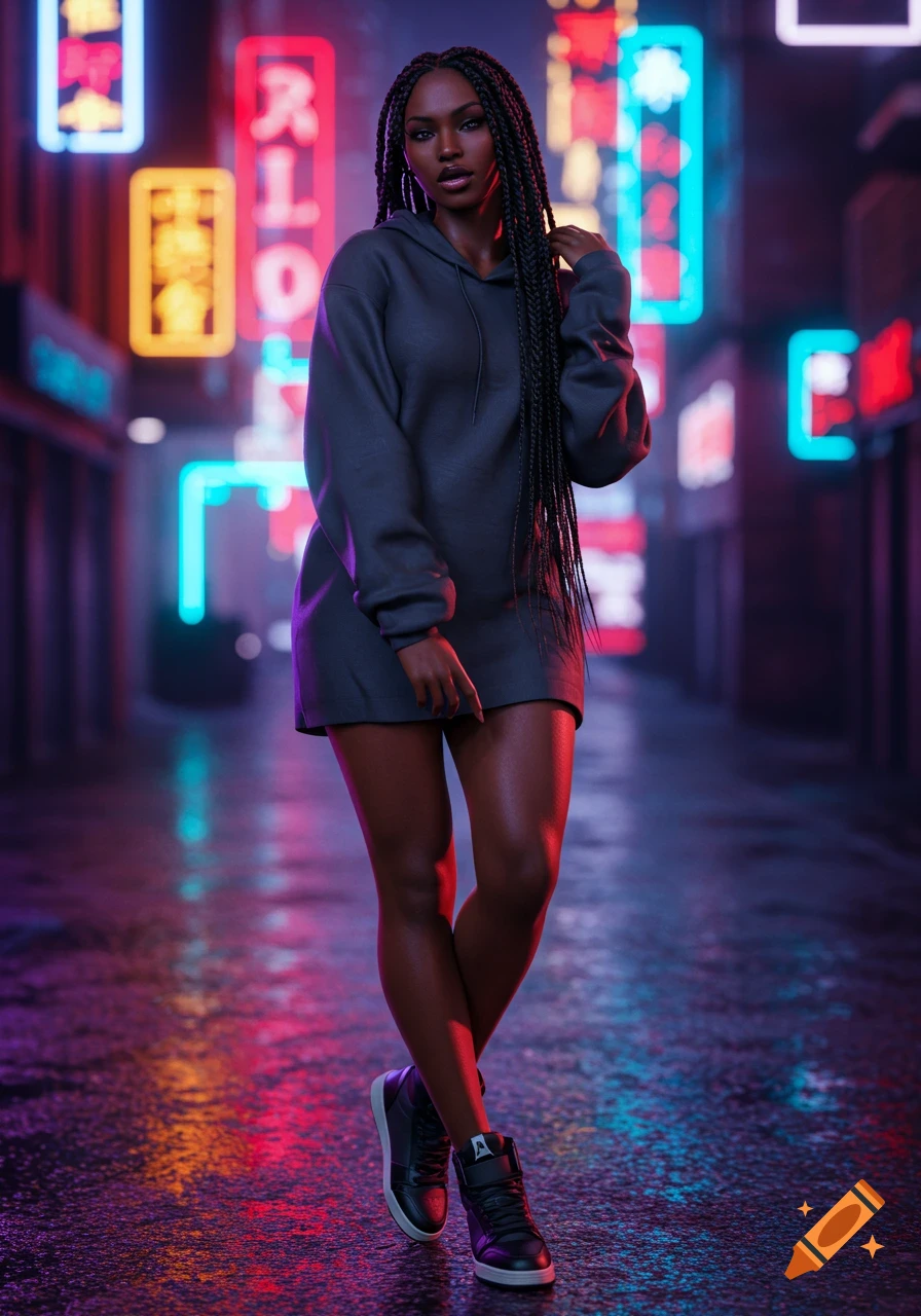 A dark-skinned woman with long braids wears an oversized gray hoodie and black sneakers, standing in a neon-lit city alley. Photorealistic style.