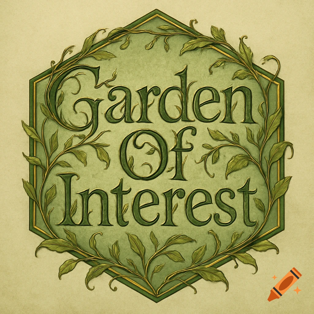 Green hexagonal emblem with leafy vines, golden borders, and the words 'Garden Of Interest' in a decorative font.