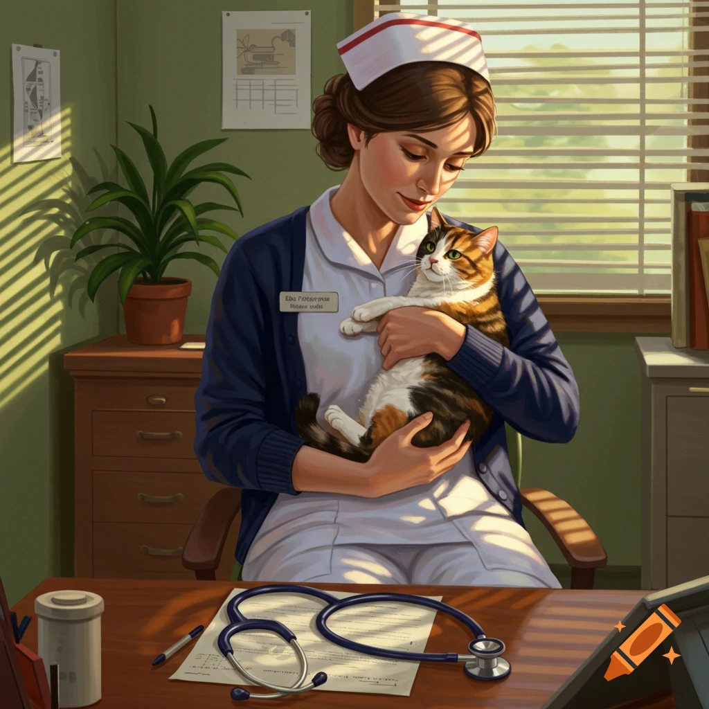A nurse wearing a white uniform and blue cardigan sits at a desk, gently holding a calico cat. A stethoscope is on the desk.