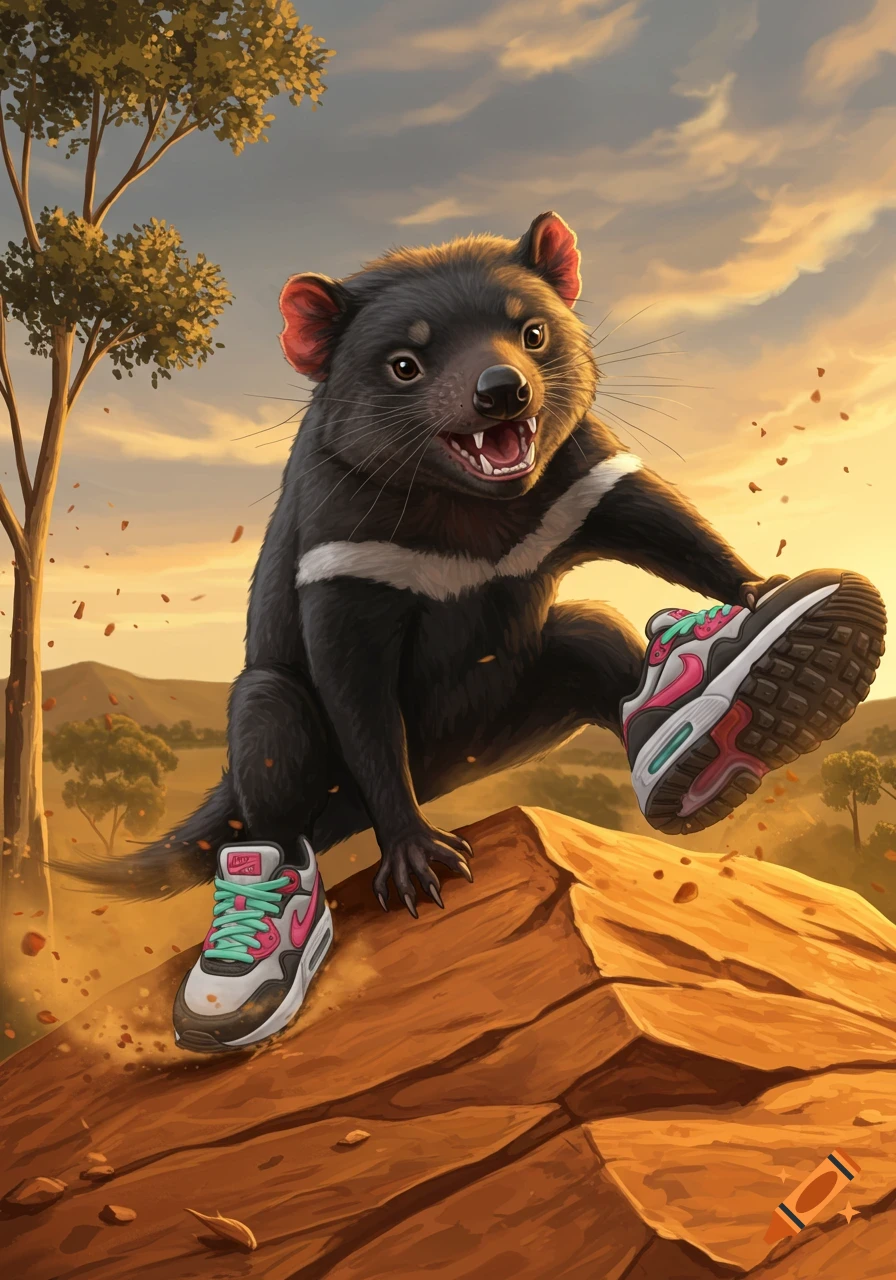 A cartoon Tasmanian devil wearing colorful sneakers poses on a rocky outcrop against a sunset sky.