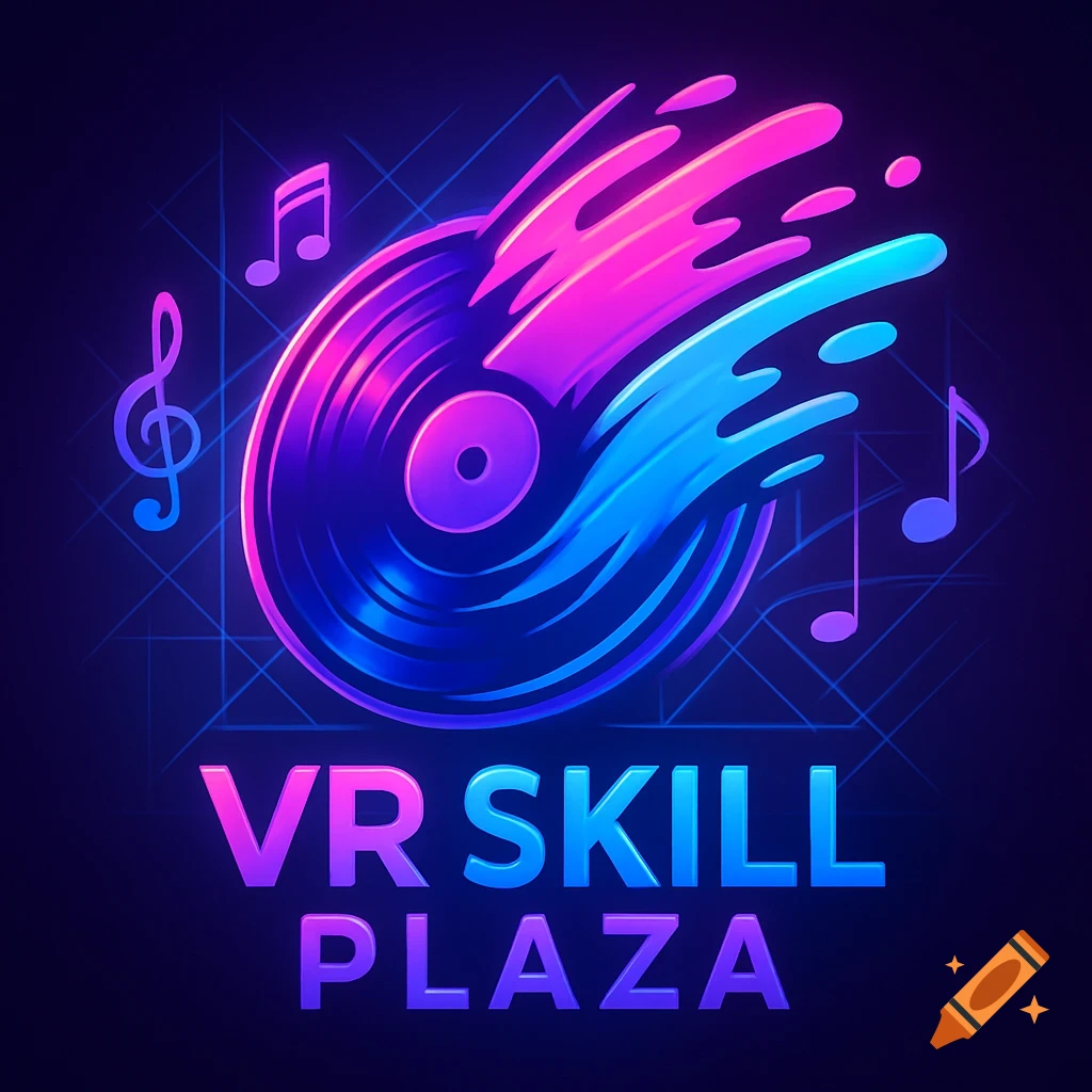Vibrant neon-style logo featuring a pink and blue liquid-splashed vinyl record, music notes, and 'VR SKILL PLAZA' text.