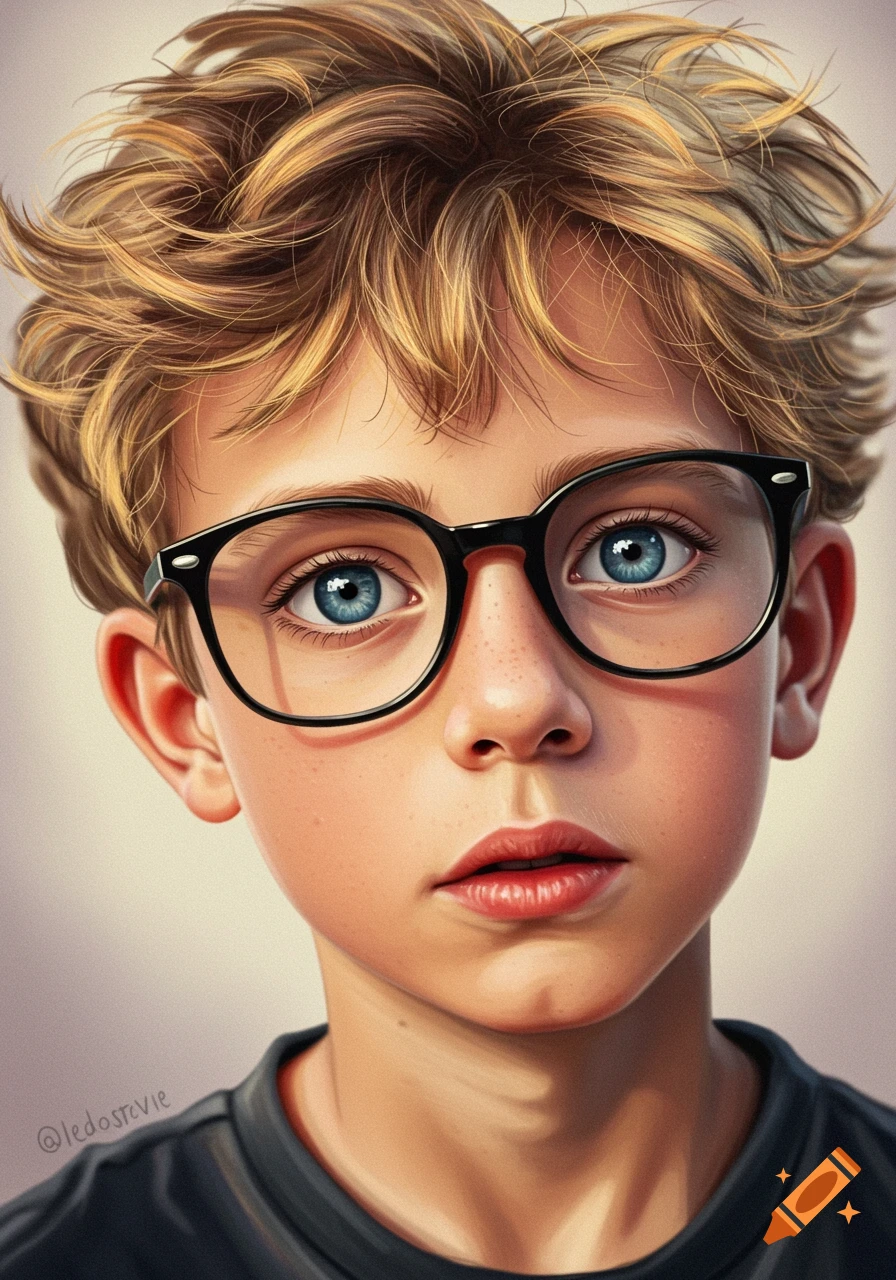 Close-up illustrative portrait of a blond boy with blue eyes and black glasses.