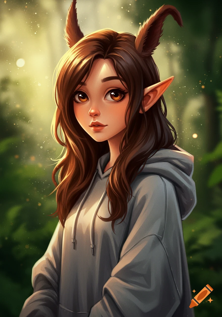 An anime-style elf girl with brown hair and large brown eyes, wearing a gray hoodie, stands in a sunlit forest.