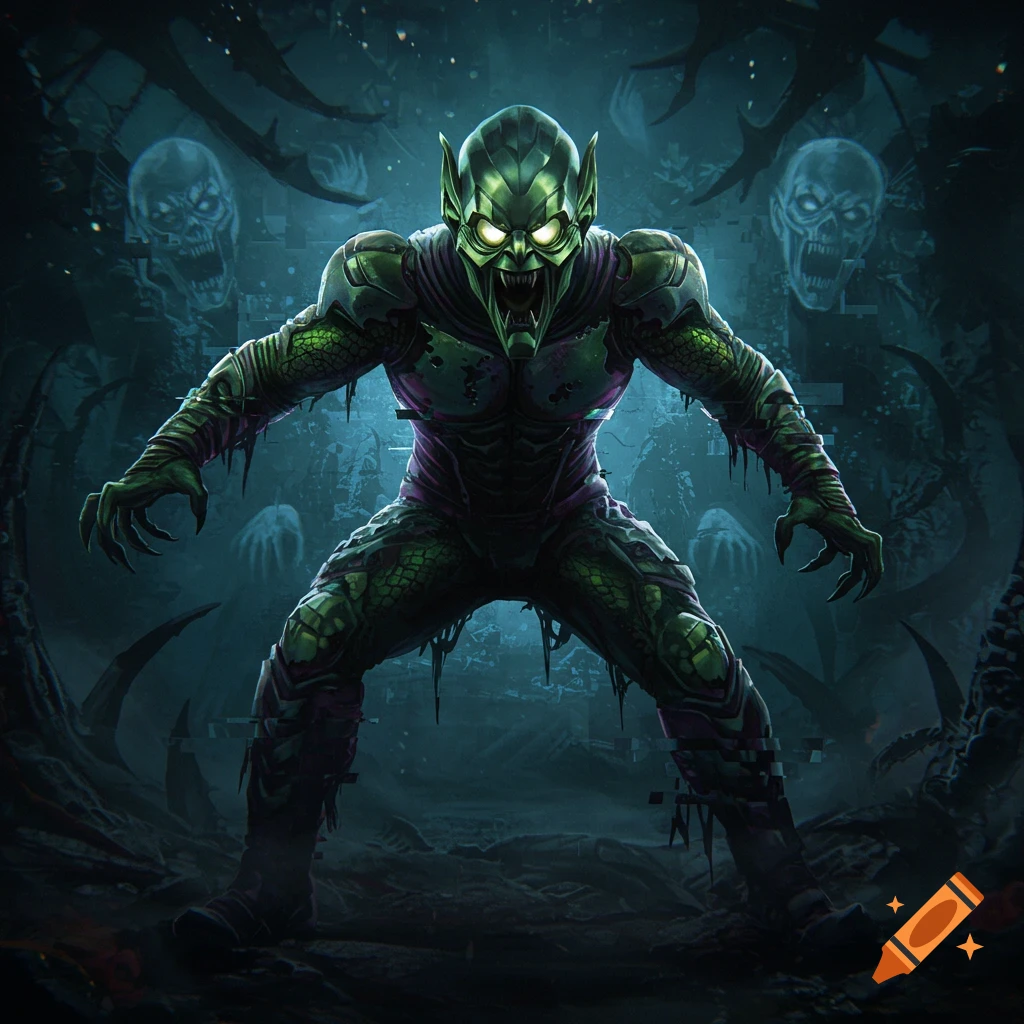 A terrifying green monster with glowing eyes and sharp teeth, resembling the Green Goblin, stands in a dark, glitchy horror scene with ghostly figures.
