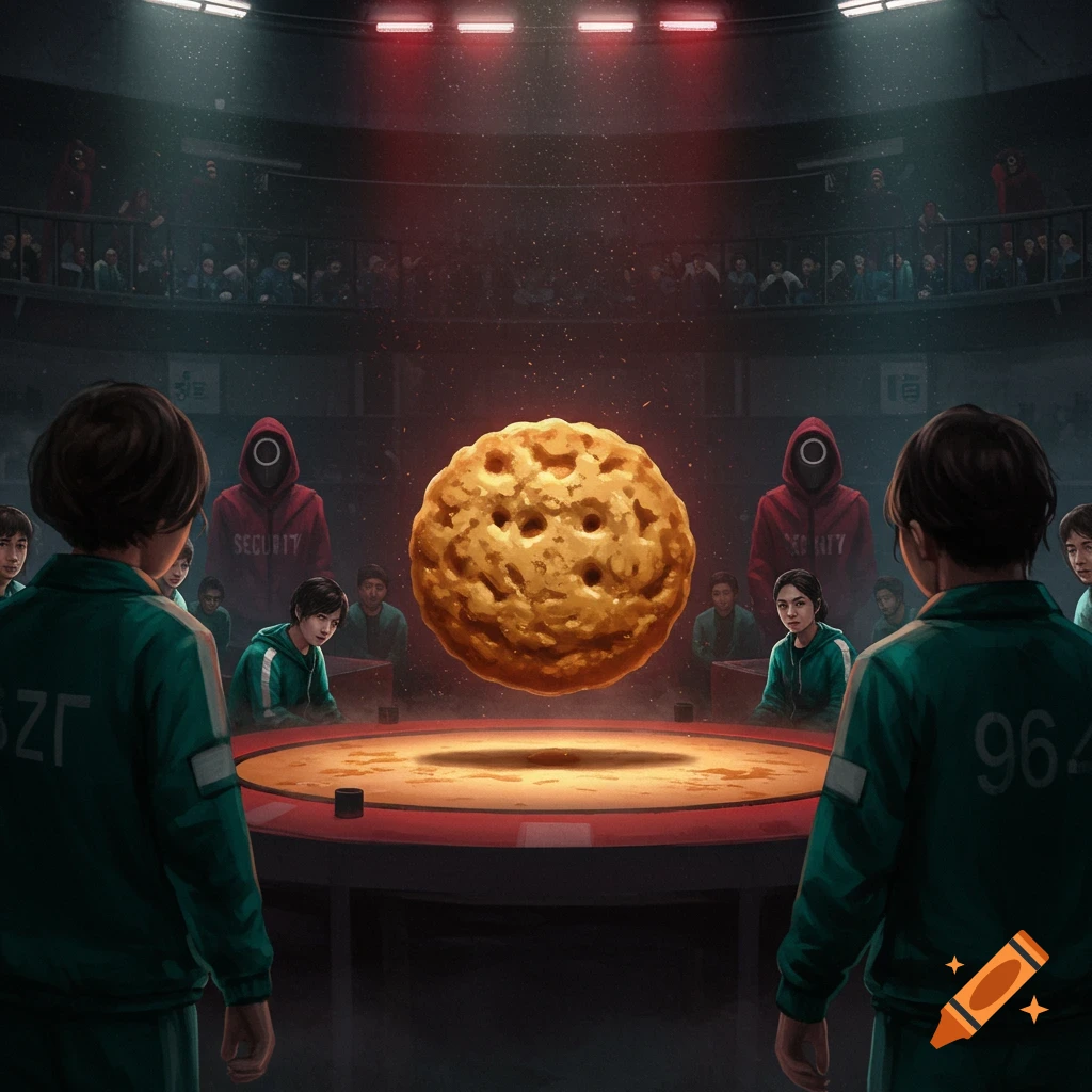 A large dalgona cookie floats above a table in a dark arena with Squid Game players and masked guards watching.