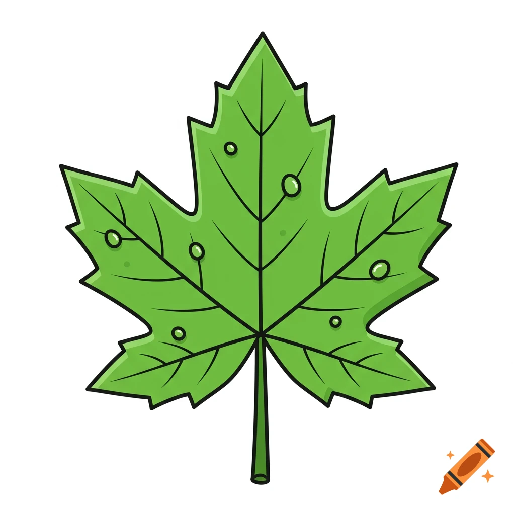 A vibrant green cartoon maple leaf illustration with water droplets on a white background.