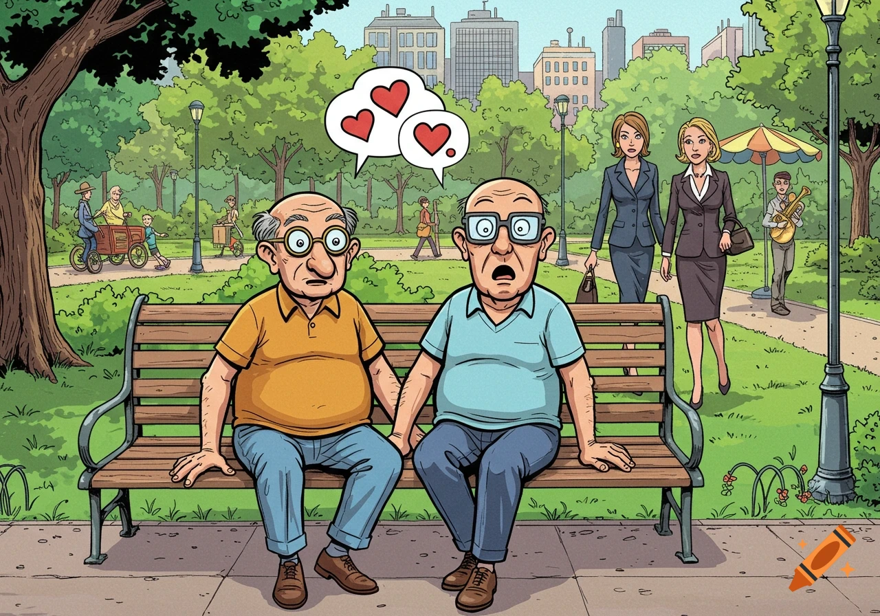 Two elderly men with glasses on a park bench react comically with wide eyes and thought bubbles with hearts as two stylish businesswomen walk past.