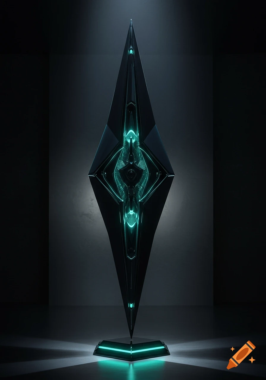 A dark, futuristic, geometric object with glowing teal lines stands on a lit pedestal.