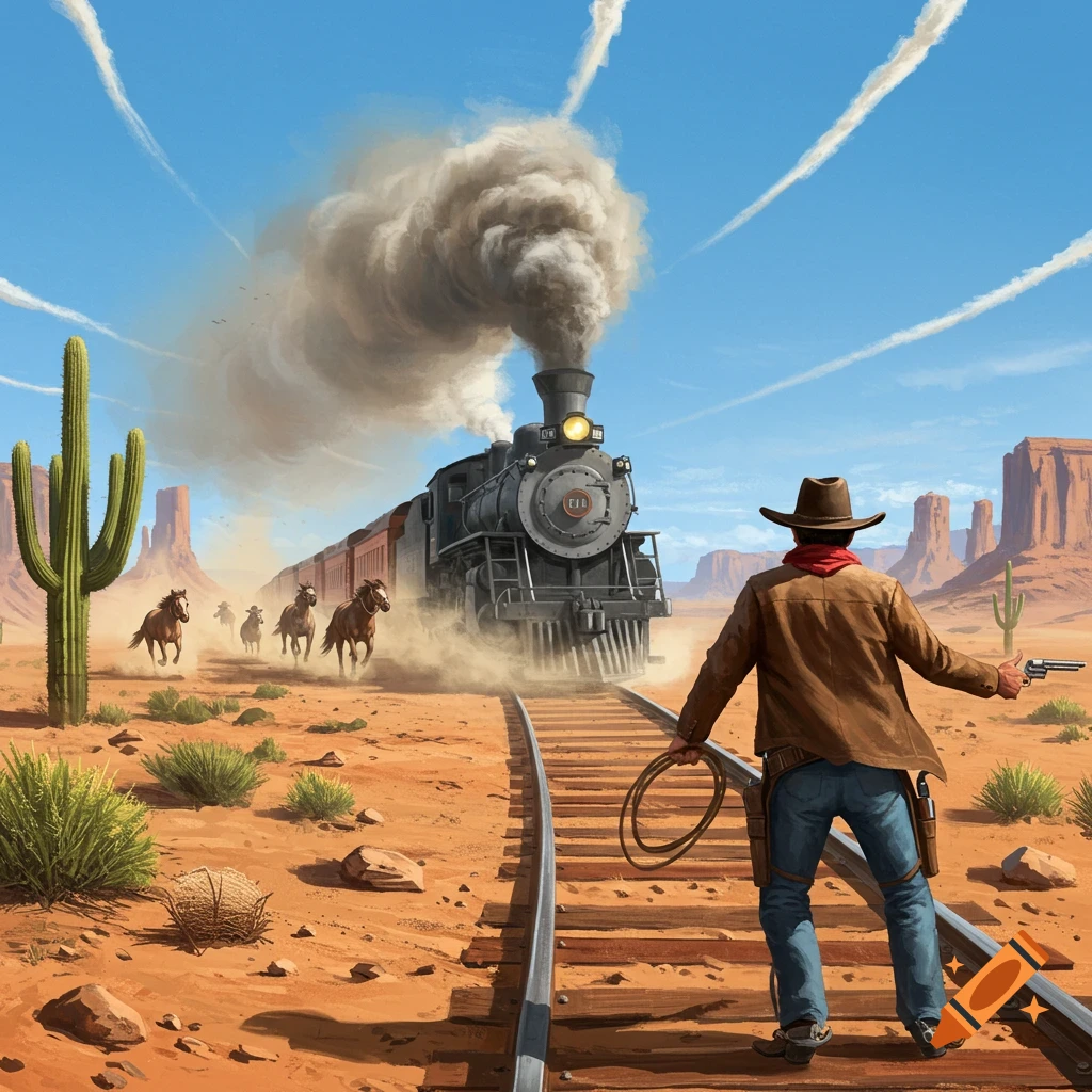 A cowboy on train tracks holds a gun and lasso as a steam train approaches in a desert with horses and cacti.