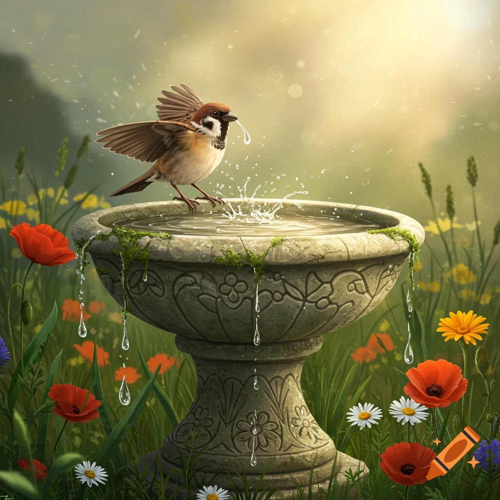 A small bird splashes water in a stone birdbath in a sunny garden with red poppies and white daisies. Photorealistic style.