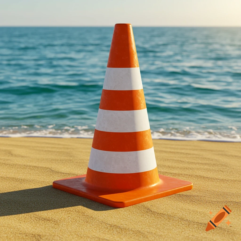 A bright orange traffic cone with white stripes sits on a sandy beach with ocean waves in the background under a sunny sky.