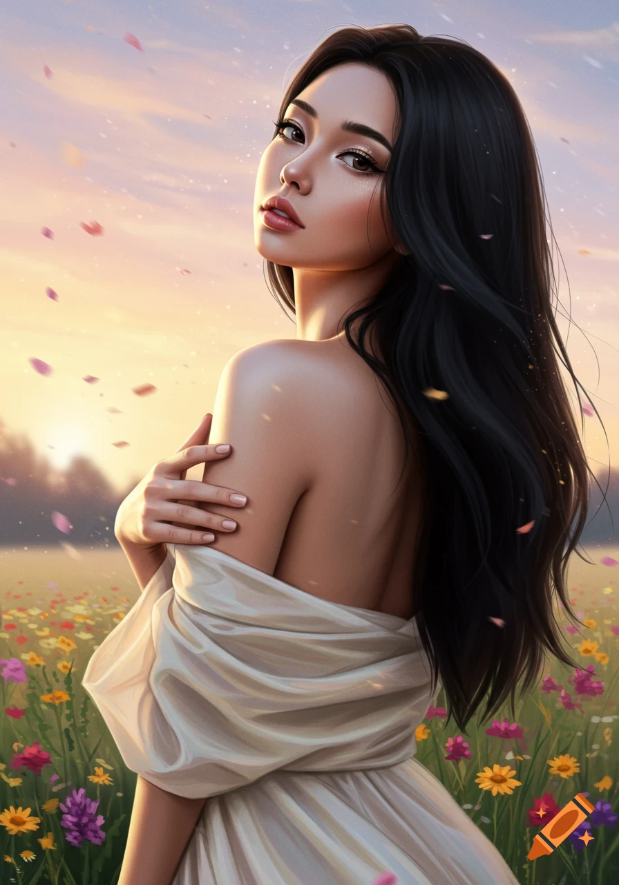 Digital painting of a beautiful woman with dark hair in a flowing white dress, standing in a vibrant wildflower field at sunset with falling petals.