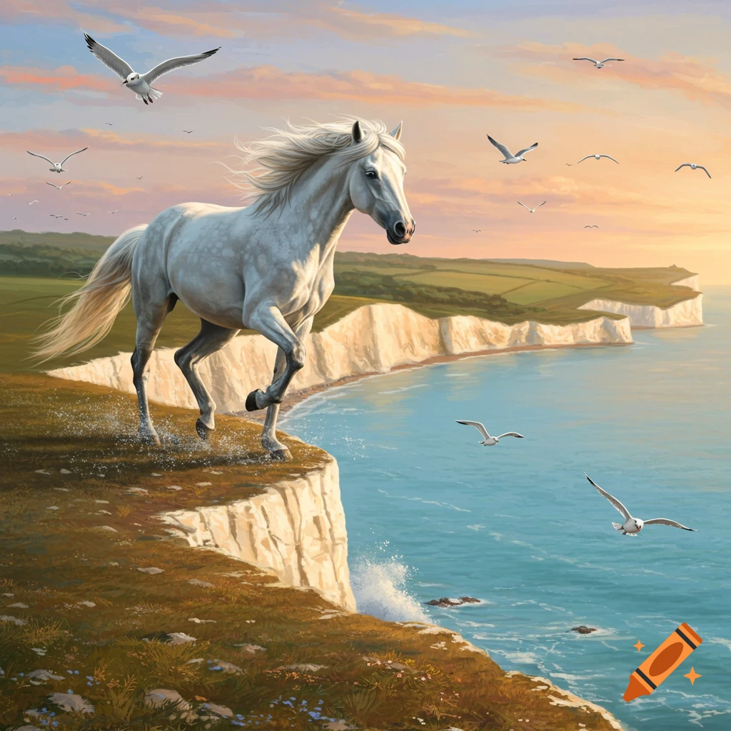 A majestic white horse gallops on a grassy cliff edge overlooking the blue sea, white cliffs, and gulls at sunset.