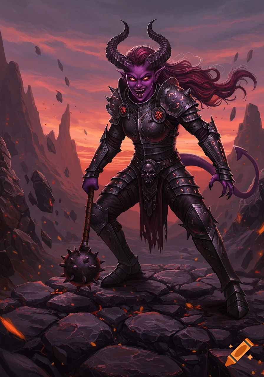 A purple-skinned demon warrior in dark armor with horns and a mace stands in a fiery, rocky wasteland.
