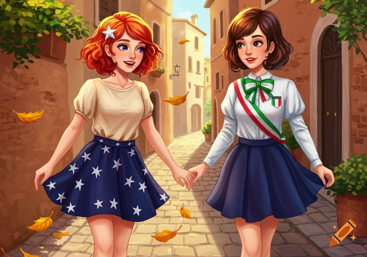 Two smiling anime girls, one with red hair and a star clip, the other with an Italian flag sash, hold hands on a sunny European street.