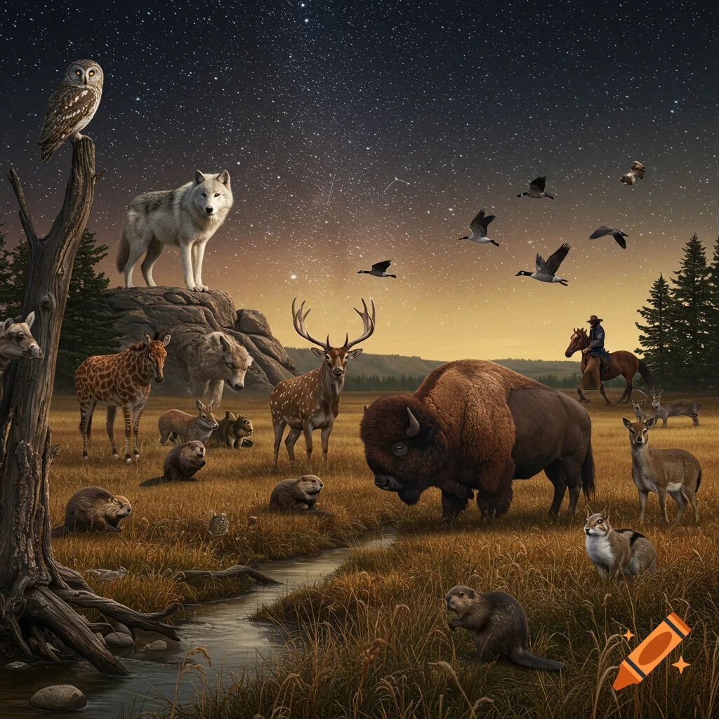 A photorealistic panoramic scene of various wild animals, including a wolf, owl, bison, deer, and beavers, in a grassy field under a starry night sky. A cowboy rides a horse in the background.