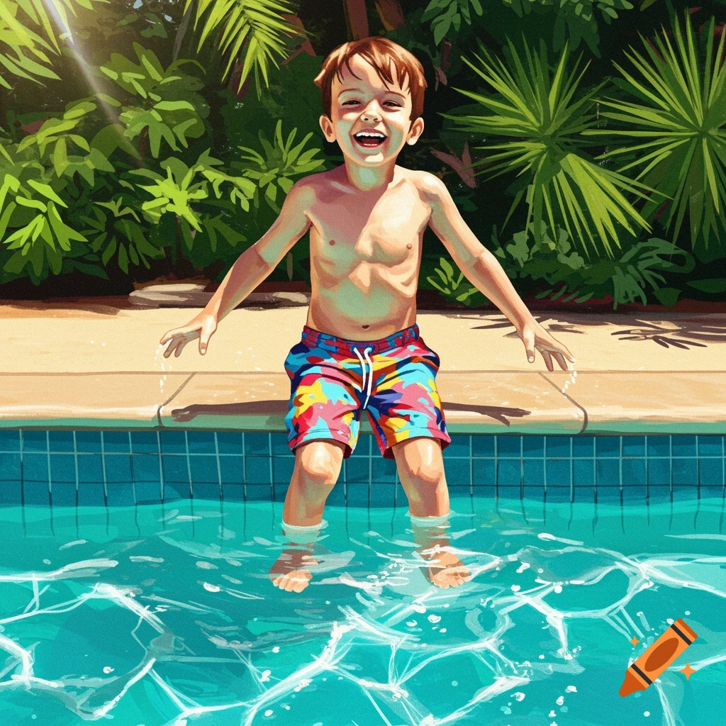 A happy, shirtless boy in colorful swim trunks stands in a swimming pool, splashing, with green foliage behind him, in an illustrated style.