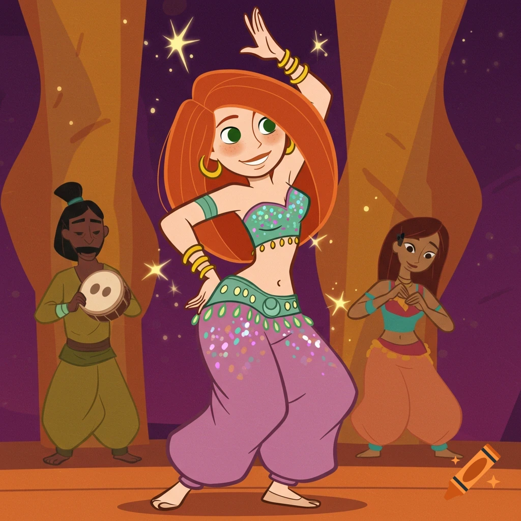 Cartoon Kim Possible with red hair belly dances in a green and purple outfit on a stage with a drummer and another dancer.