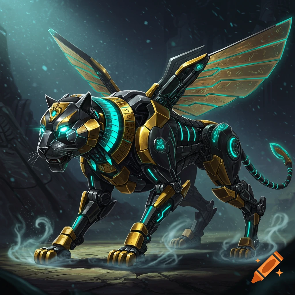 A majestic winged robotic panther with glowing turquoise and gold armor stands in a dark environment.