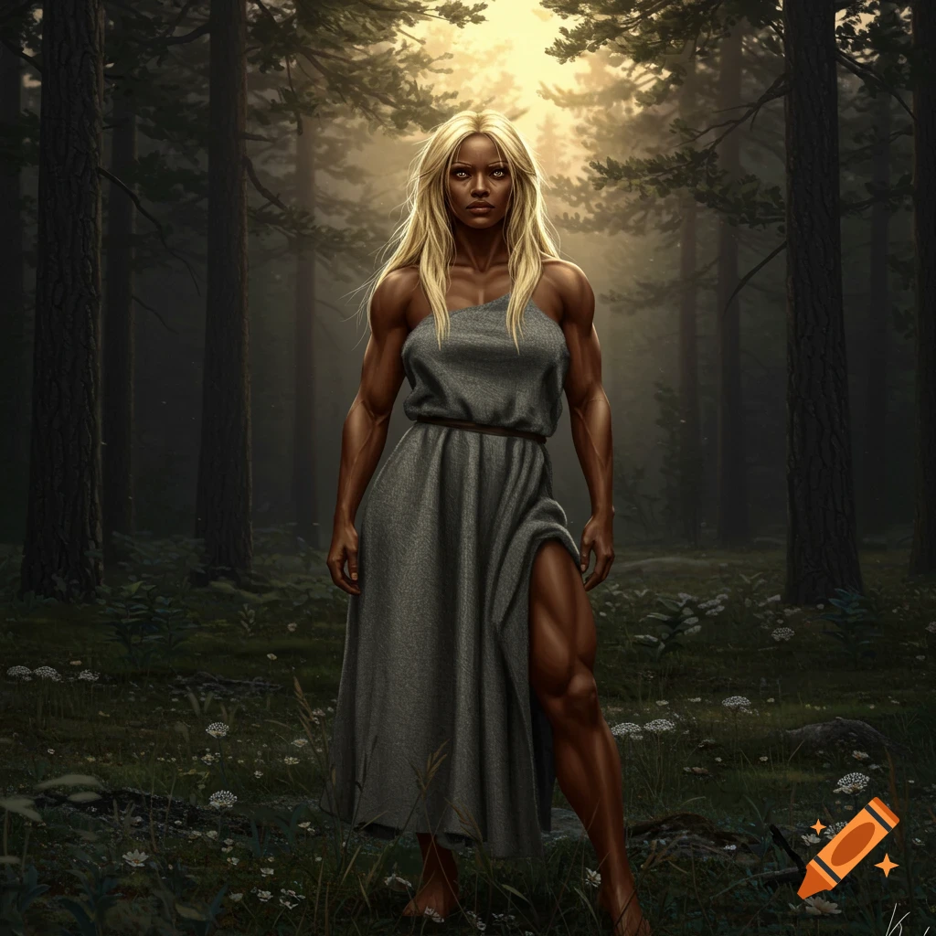 A muscular, dark-skinned woman with blonde hair in a grey dress stands in a mystical, sunlit forest.