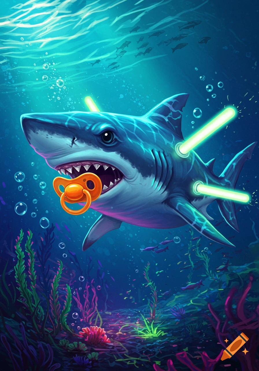 Cartoon shark with an orange pacifier and green glow sticks swimming in a colorful underwater scene.